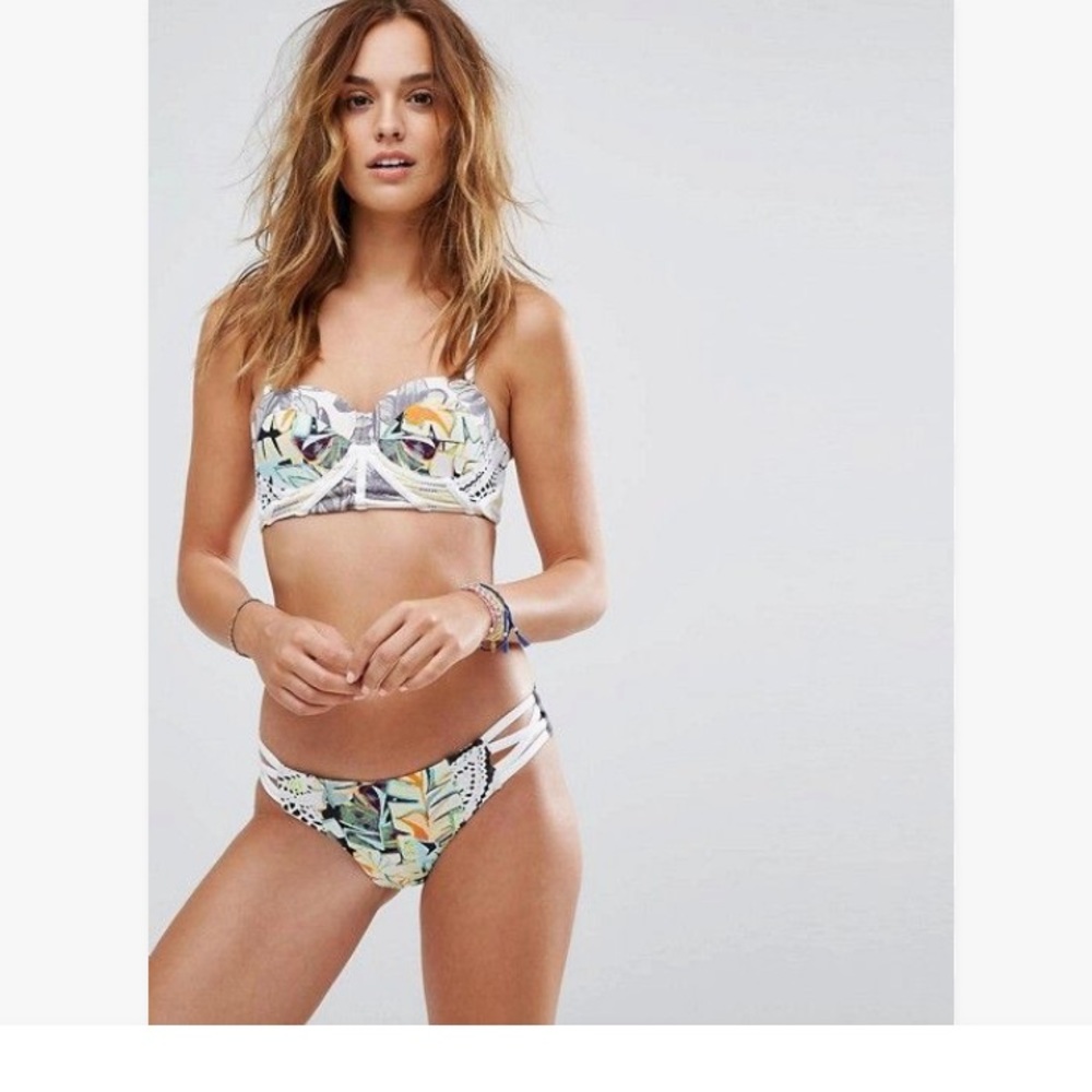 Maaji Textured Patchwork Bustier Lace Up Floral Bikini Swimsuit S Tropical Vacay